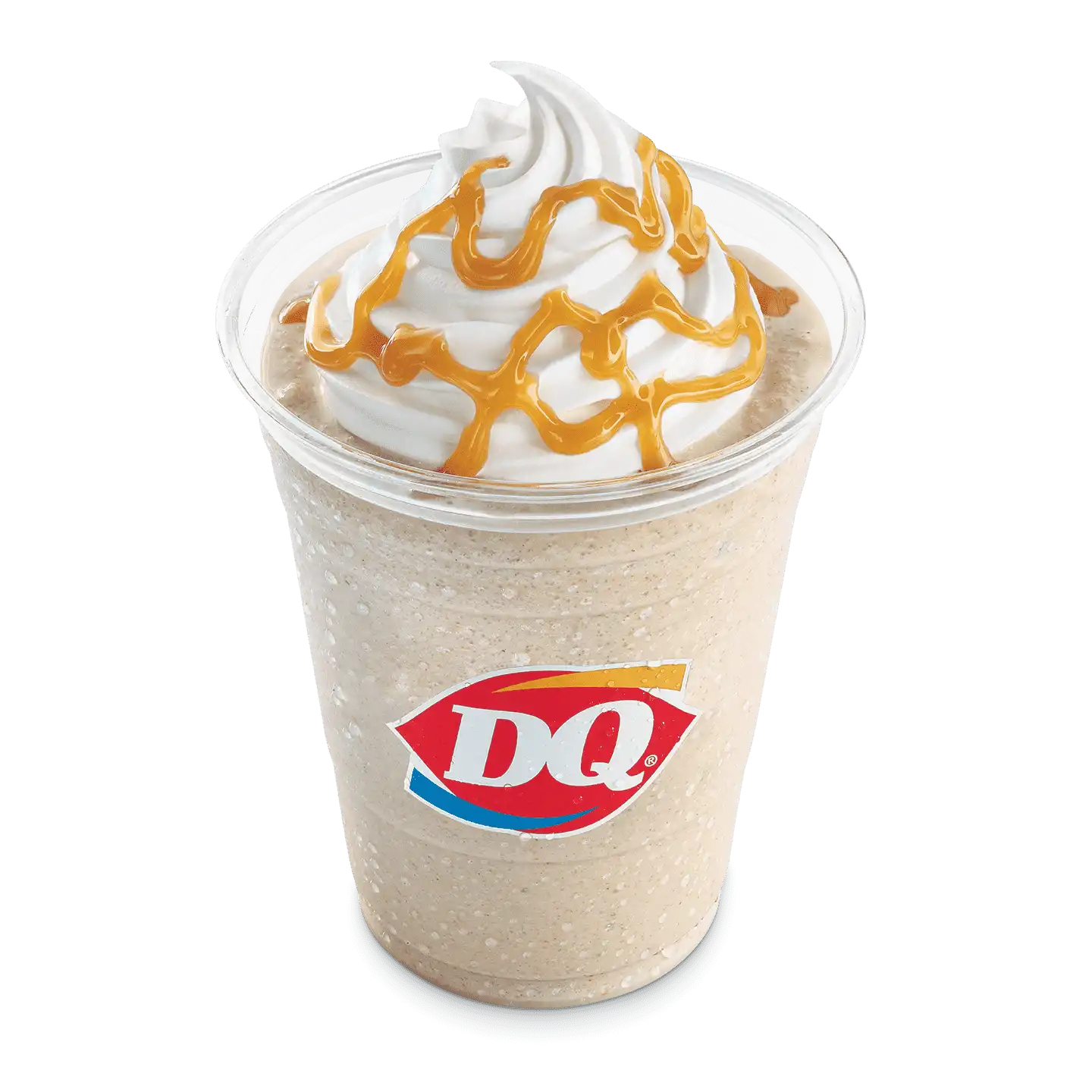 Caramel Frappé with whipped cream topping and caramel drizzle in a DQ cup